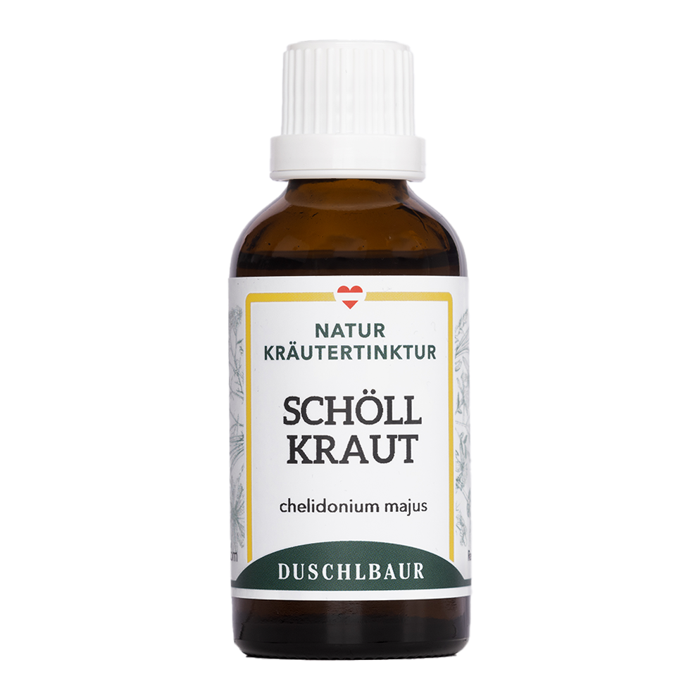 Blühendes Schöllkraut mit gelben Blüten am Wegrand, daneben die Schöllkraut Tinktur von naturessenzen.com